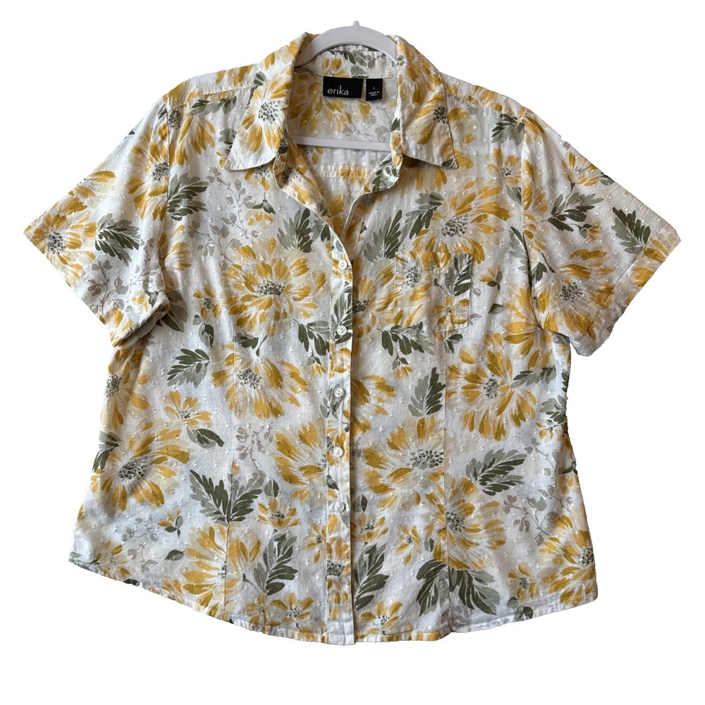 Cottagecore Sheer Swiss Dot Yellow‎ Floral Short Sleeve Button Up Shirt L Resort